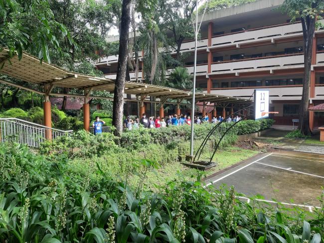 Grade 6 boys on the "Hundred-foot Walk" during their campus tour