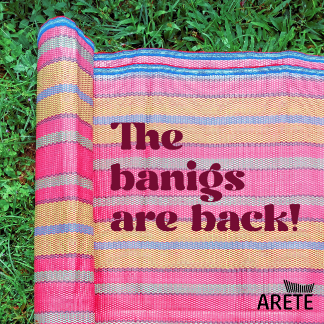 Graphic image of a banig laid on the grass with text on top that reads "The banigs are back!" with Arete logo at the bottom