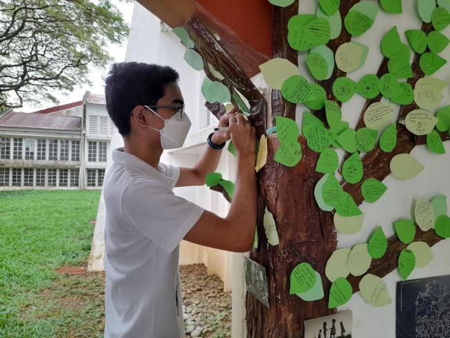 A student attaches his leaf to the Puno ng Pagmamahal 