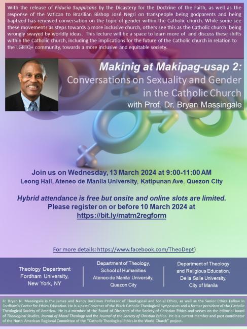The image features a promotional poster for a talk titled "Makinig at Makipag-usap 2: Conversations on Sexuality and Gender in the Catholic Church" with Prof. Dr. Bryan Massingale. It includes a photo of Dr. Massingale, event details like date, time, location at Ateneo de Manila University, and a reminder that the event is free with limited online and onsite slots. The background is purple with graphic elements, and URLs for registration and more details are provided.