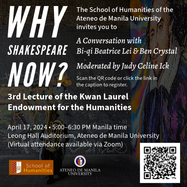 square poster containing event details for Why Shakespeare Now