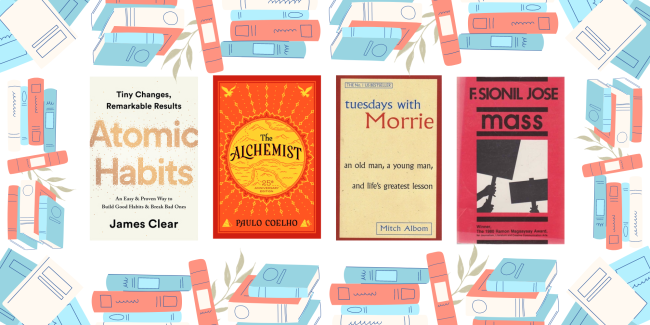 A graphic showing the books mentioned, surrounded by illustrations of books