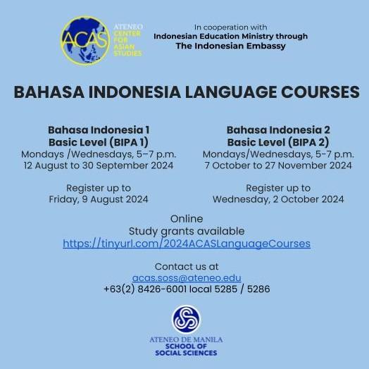 Bahasa Indonesia Language Courses Information Bahasa Indonesia 1, Basic Level (BIPA 1)  Mondays/Wednesdays, 5:00 - 7:00 pm  12 August to 30 September 2024   Registration deadline: Friday, 9 August 2024     Bahasa Indonesia 2, Basic Level (BIPA 2)  Mondays/Wednesdays, 5:00 - 7:00 pm  7 October to 27 November 2024   Registration deadline: Wednesday, 4 October 2024