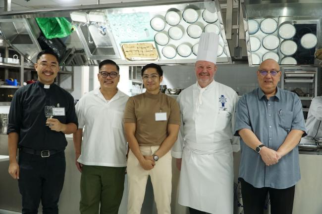  Bro. Jeff Miraflor, SJ, Rector of the Church of the Gesu Fr. RB Hizon, SJ, Sommelier Odie Pineda, Technical Director of the Le Cordon Bleu Ateneo Chef Cyrille Seonen, and Director of the Office of University Development & Alumni Affairs Fr. Kit Bautista