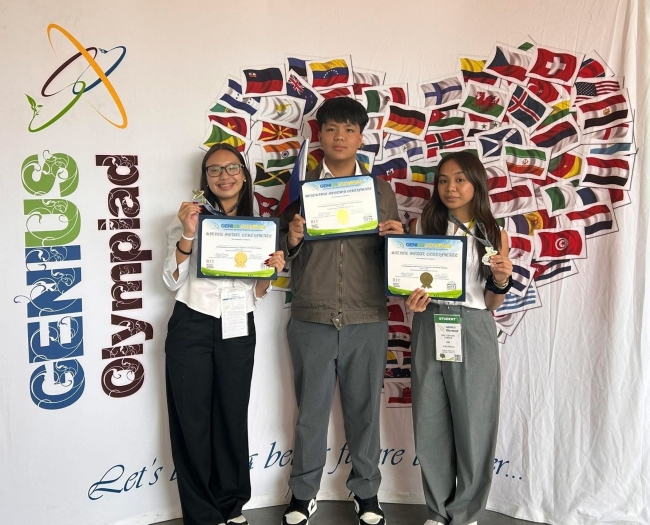 Andy Mendoza, LJ Edrozo, Miel Nabuab with their medals and certificates from the Genius Olympiad 2025 