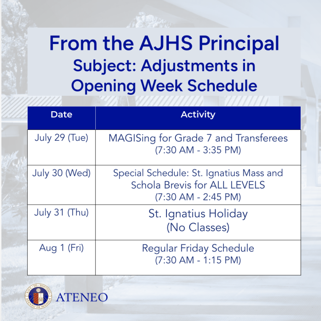 AJHS Opening Week schedule July 29 to August 1 2025 