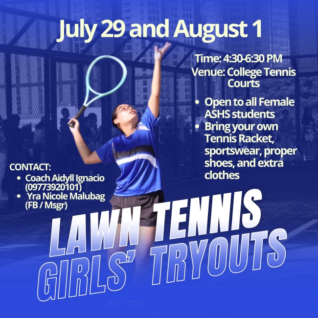 ASHS Girls' Lawn Tennis tryouts 29 July and 1 August 2025