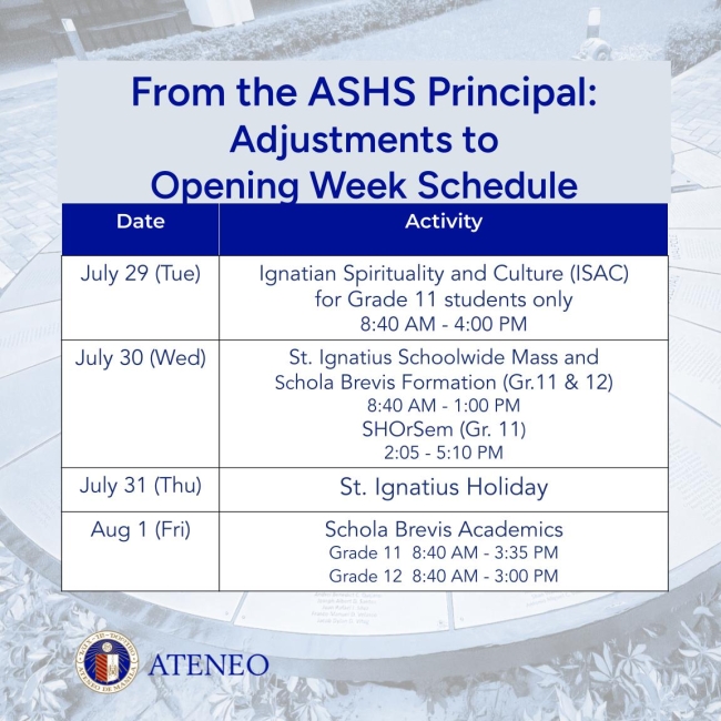 ASHS opening week schedule 29 July to 1 August 2025 