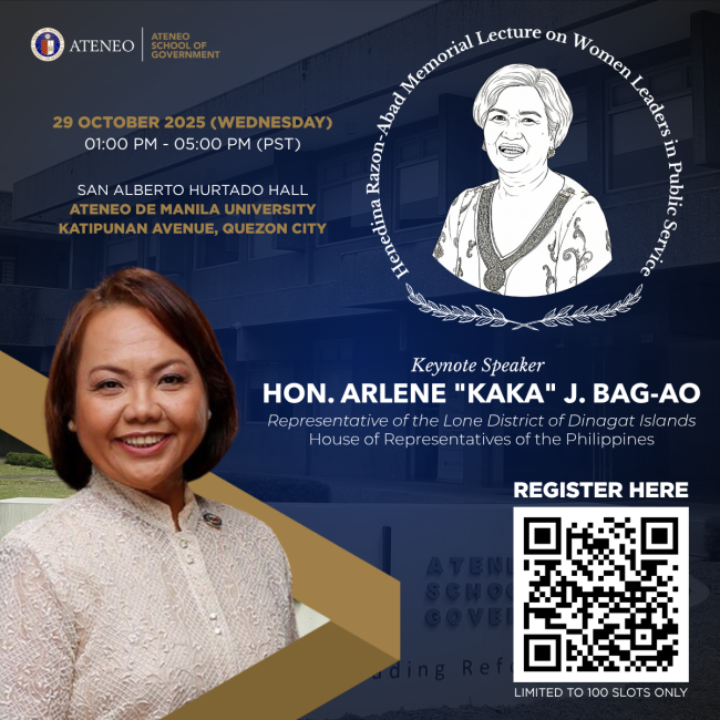 Announcement poster for the launch of Henedina Razon-Abad Memorial Lecture on Women Leaders in Public Service featuring Lone District of Dinagat Islands Representative Hon. Arlene "Kaka" J. Bag-ao as the keynote speaker. 