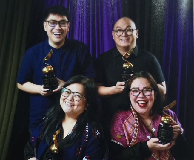 Clockwise from top left: Rev Dom Bulan SJ, Mr Les Mendiola, Ms Vigie Magpantay, and Ms Leng Matias with their Awit awards on the night of 16 November 2025 at Meralco Theater