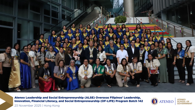 Supported by the Ateneo School of Government (ASoG), 102 Overseas Filipino Workers (OFWs) completed in November the Ateneo Leadership and Social Entrepreneurship (ALSE) Overseas Filipinos' Leadership, Innovation, Financial Literacy, and Social Entrepreneurship (OF-LIFE) program, where they deepened their skills in business development, financial literacy, leadership, and social entrepreneurship.