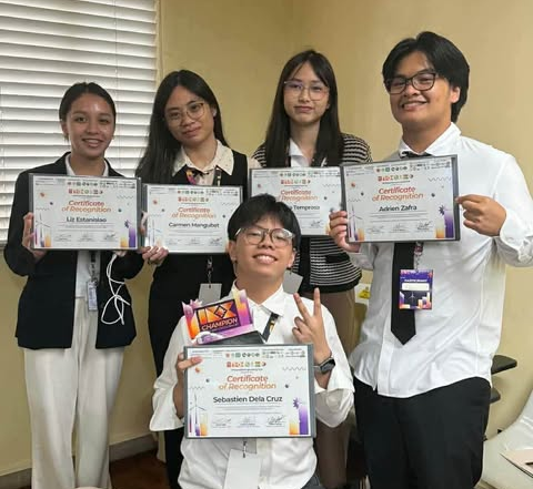 Clockwise from top left: Liz Estanislao, Andrea Mangubat, Chelsea Temprosa, Adrien Zafra, and Basti Dela Cruz of ASHS IExengenium   